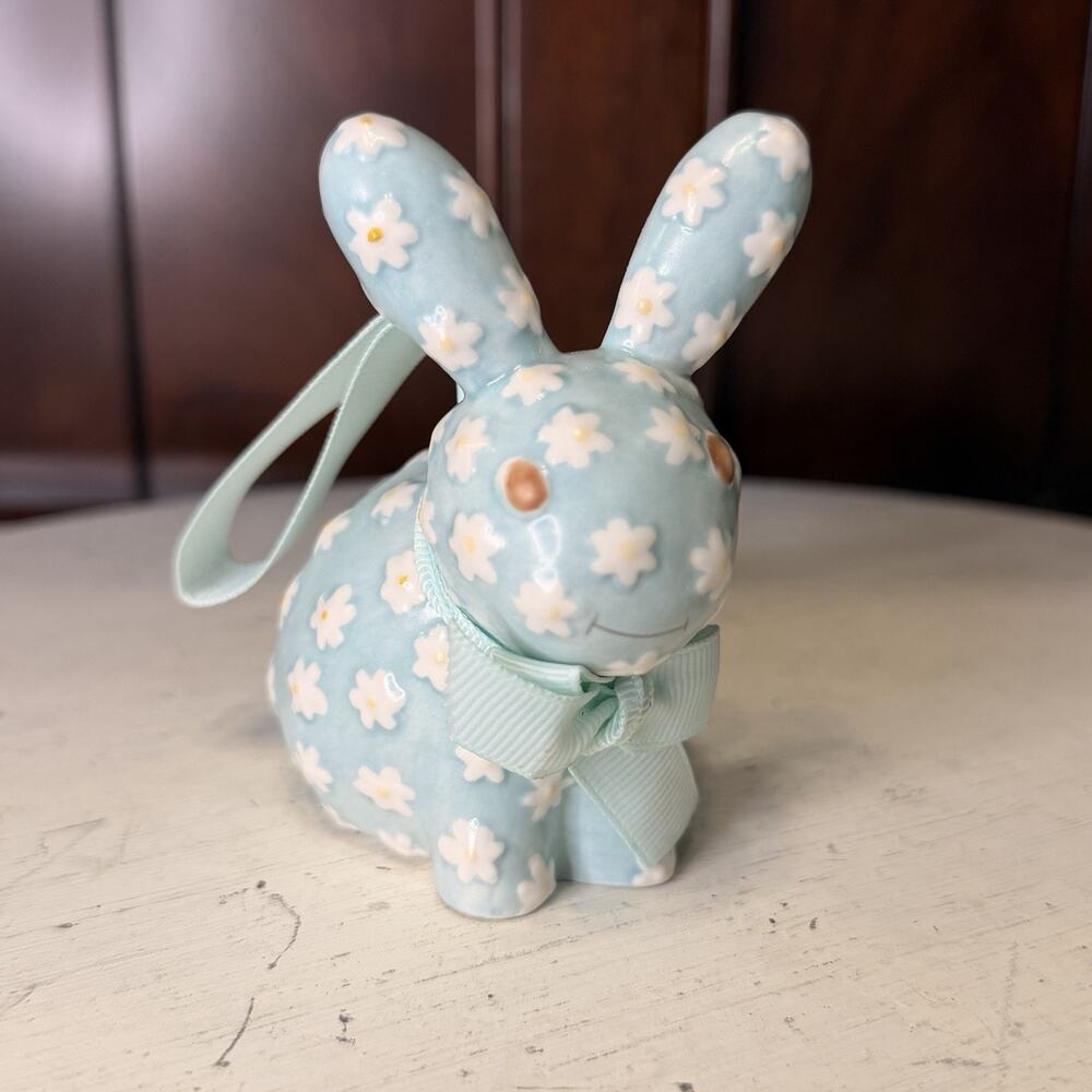 1990s Department 56 Baby Blue Bunny Ornament With White Daisies Ceramic Easter